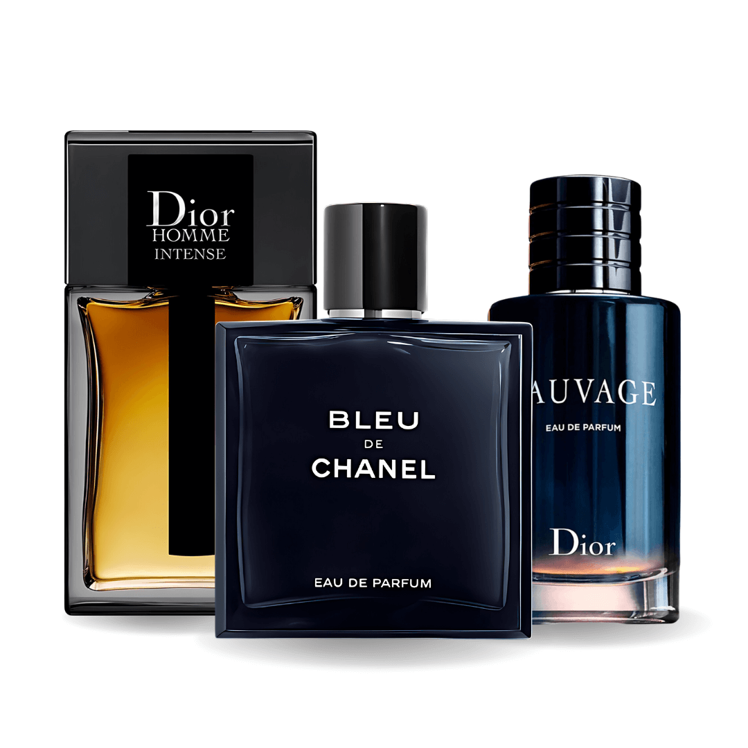 3 darabos promóciós csomag: Sauvage Dior, Bleu de Chanel és Dior Homme Intense 100 ml.