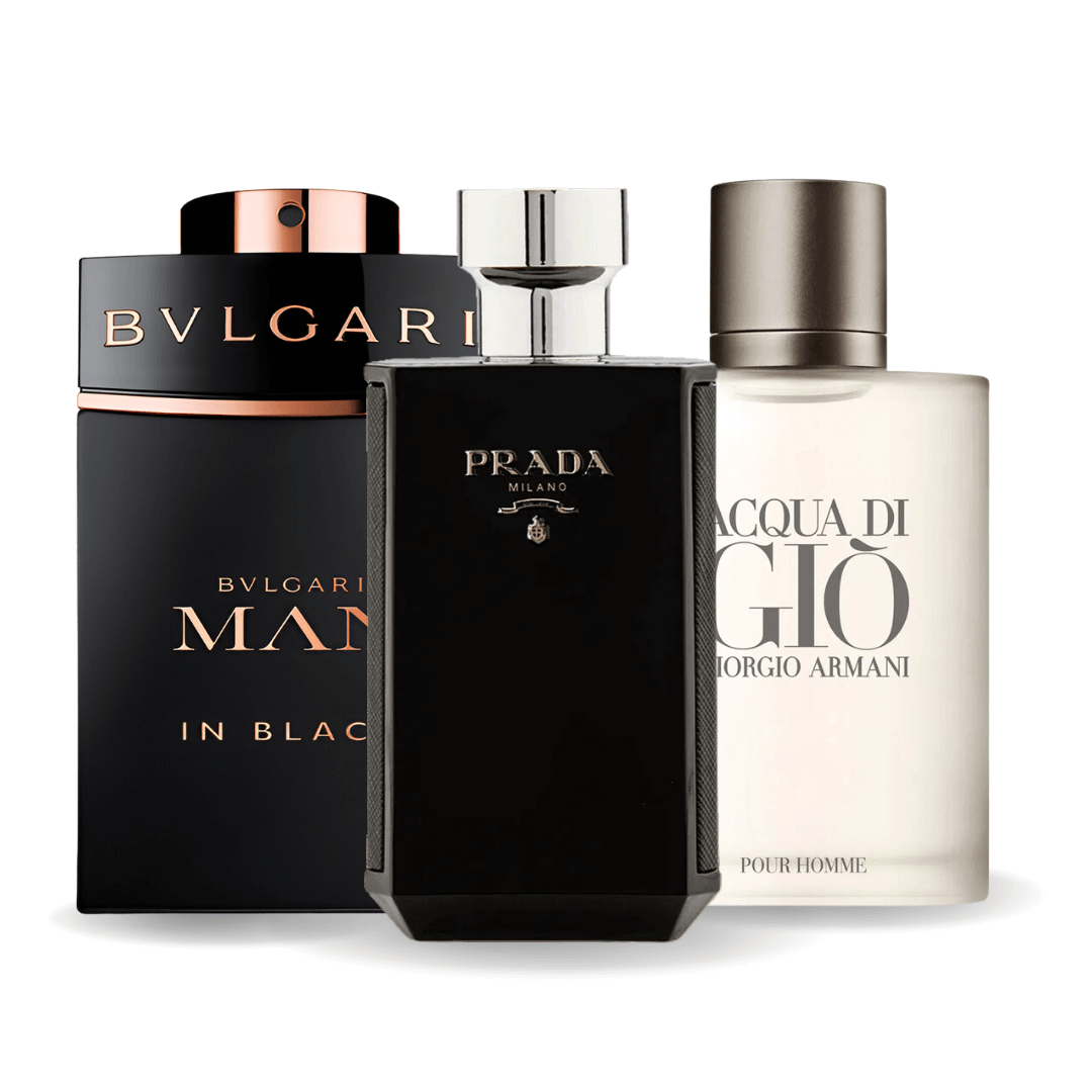 3 darabos promóciós csomag: Bvlgari In Black, Giorgio Armani Acqua Di Gio és L'Homme Prada Intense 100 ml.