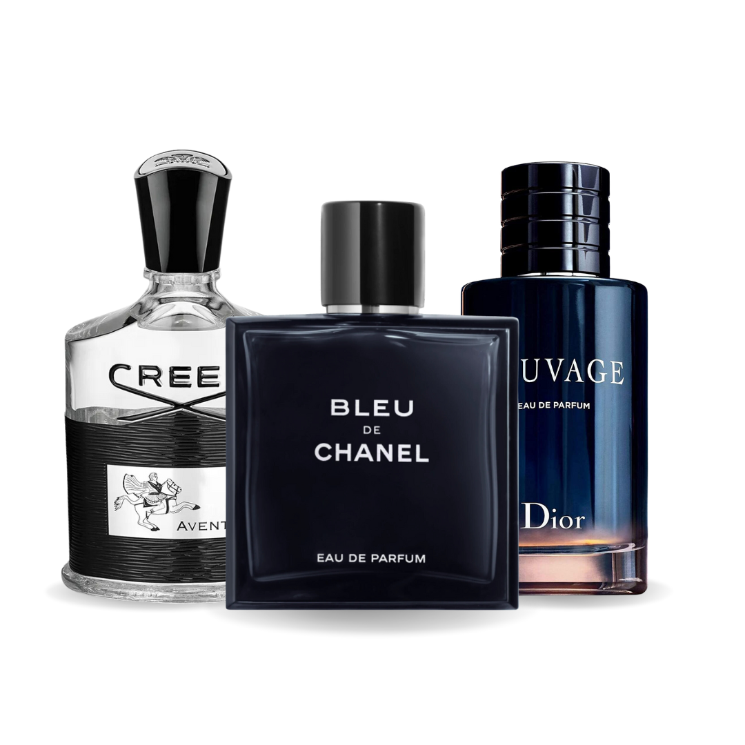 3 darabos promóciós csomag: Creed AVENTUS, BLEU DE CHANEL és Dior SAUVAGE 100 ml.