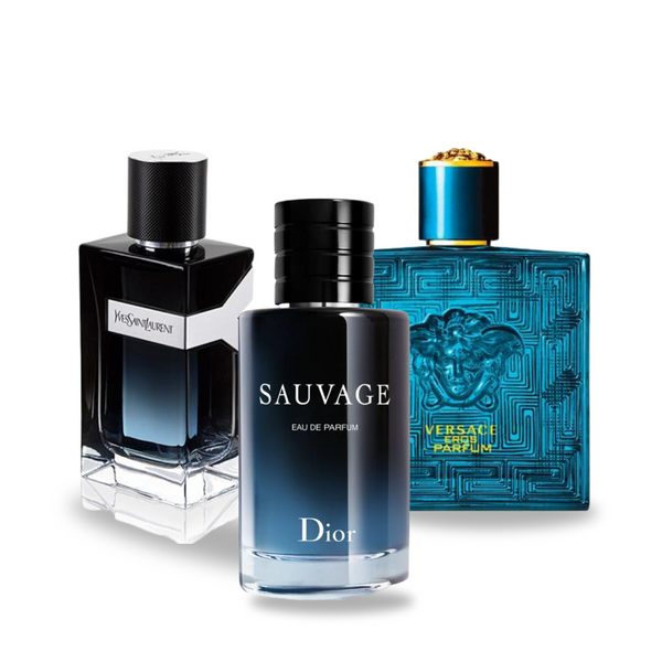 3 darabos promóciós csomag: Dior SAUVAGE, Yves Saint Laurent Y MEN és Versace EROS 100 ml.