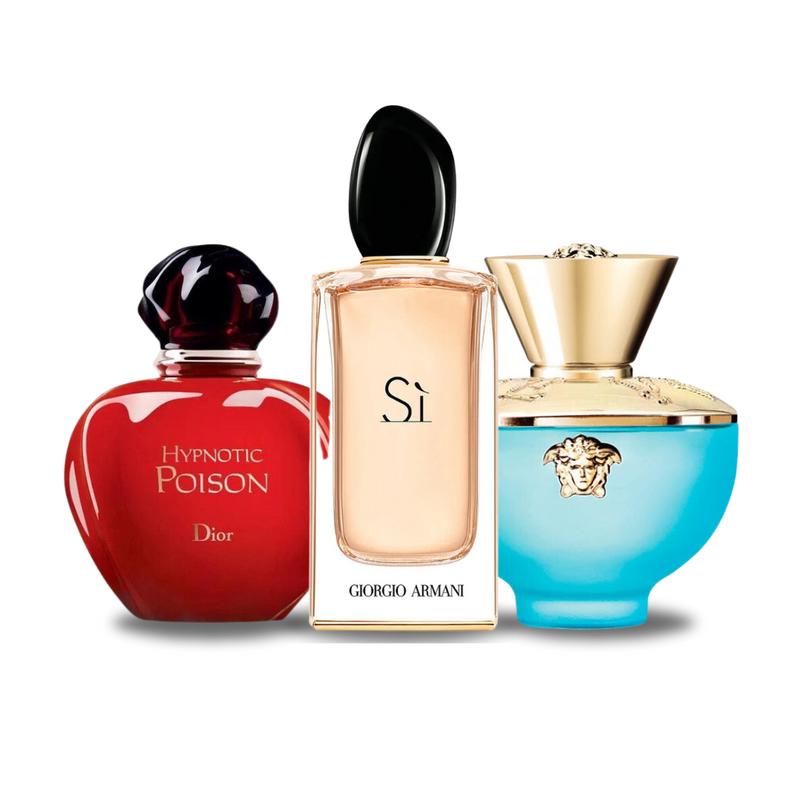 3 darabos promóciós csomag: Dior HYPNOTIC POISON, Giorgio Armani SÌ és Versace DYLAN TURQUOISE 100 ml.